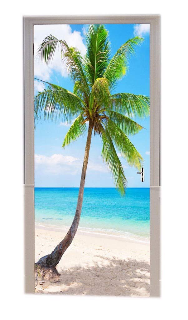A.MonamourTropical Beach With Coconut Palm Tree Thailand Koh Lanta Island Nature Scenery Print Eco-Friendly Vinyl Room Door Decals Wallpaper Wall Murals Removable Door Stickers Posters DIY Art Decors