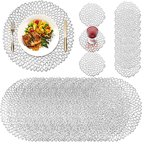 Vesici Round Pressed Vinyl Placemats Metallic Placemats Coasters Set Including Placemats And Coasters Hollow Round Table Mats For Wedding Dinner Party Table Supplies (Silver, 24 Pcs) #TOP9