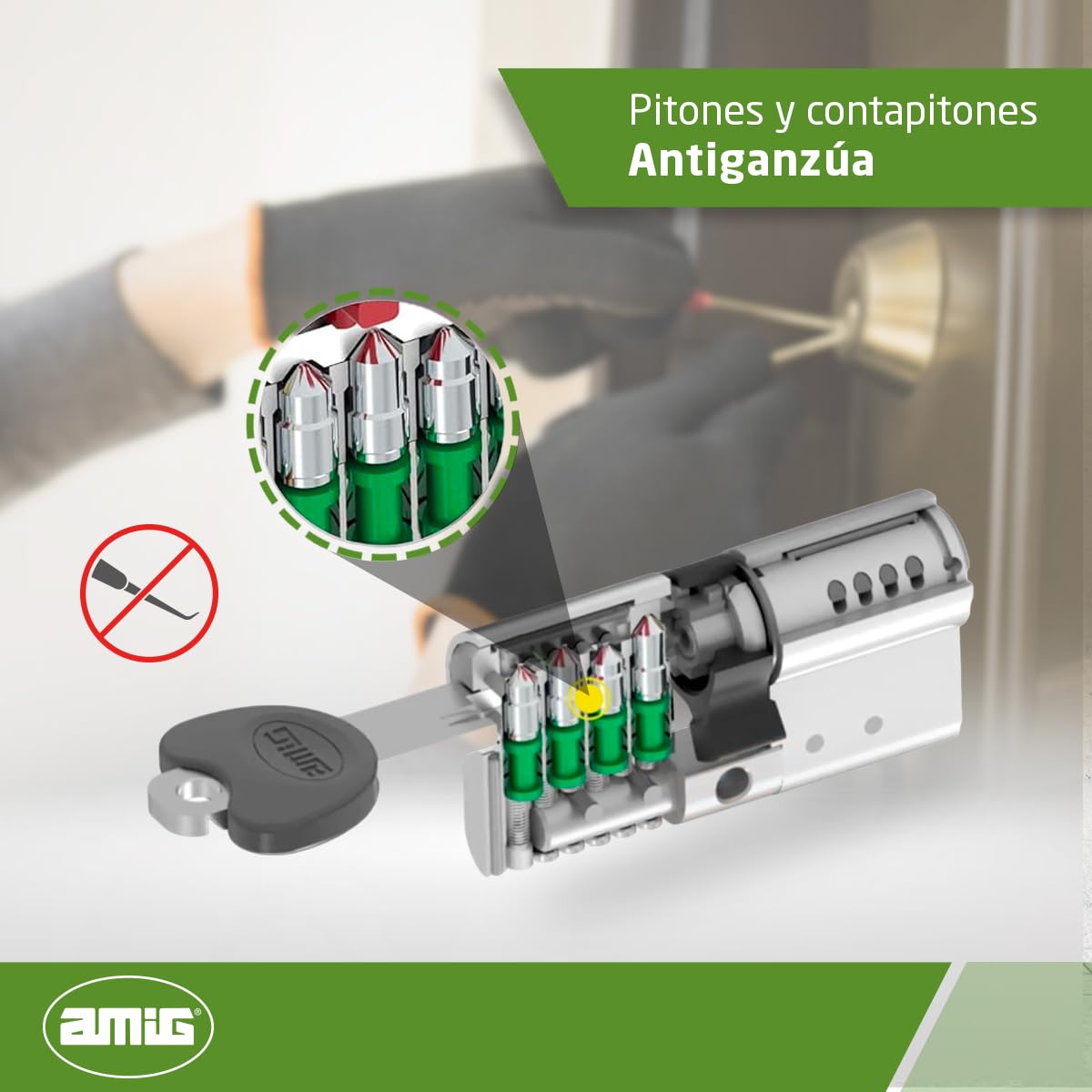 Amig - Cilindro de seguridad - Fabricado en Latón - Medida: 80 mm (35-45) - Protección Antitaladro y Anti-Bumping - Acabado: Cromado mate