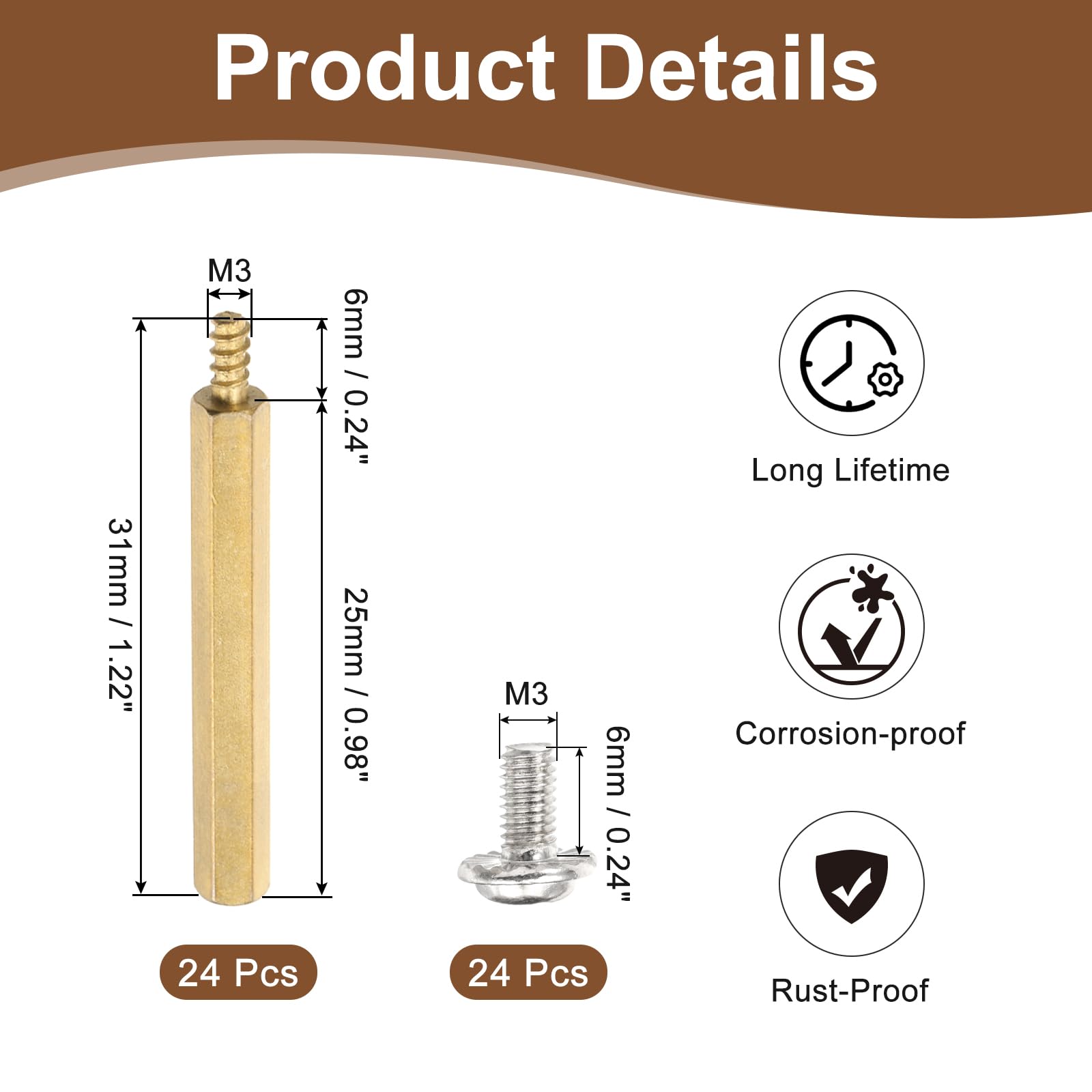 PATIKIL 24 Set M3 Hex Standoffs Brass, M3 x 25mm + 6mm Studs Male to Female Motherboard Standoffs Spacers Pillars, Gold, with Screw - Image 2