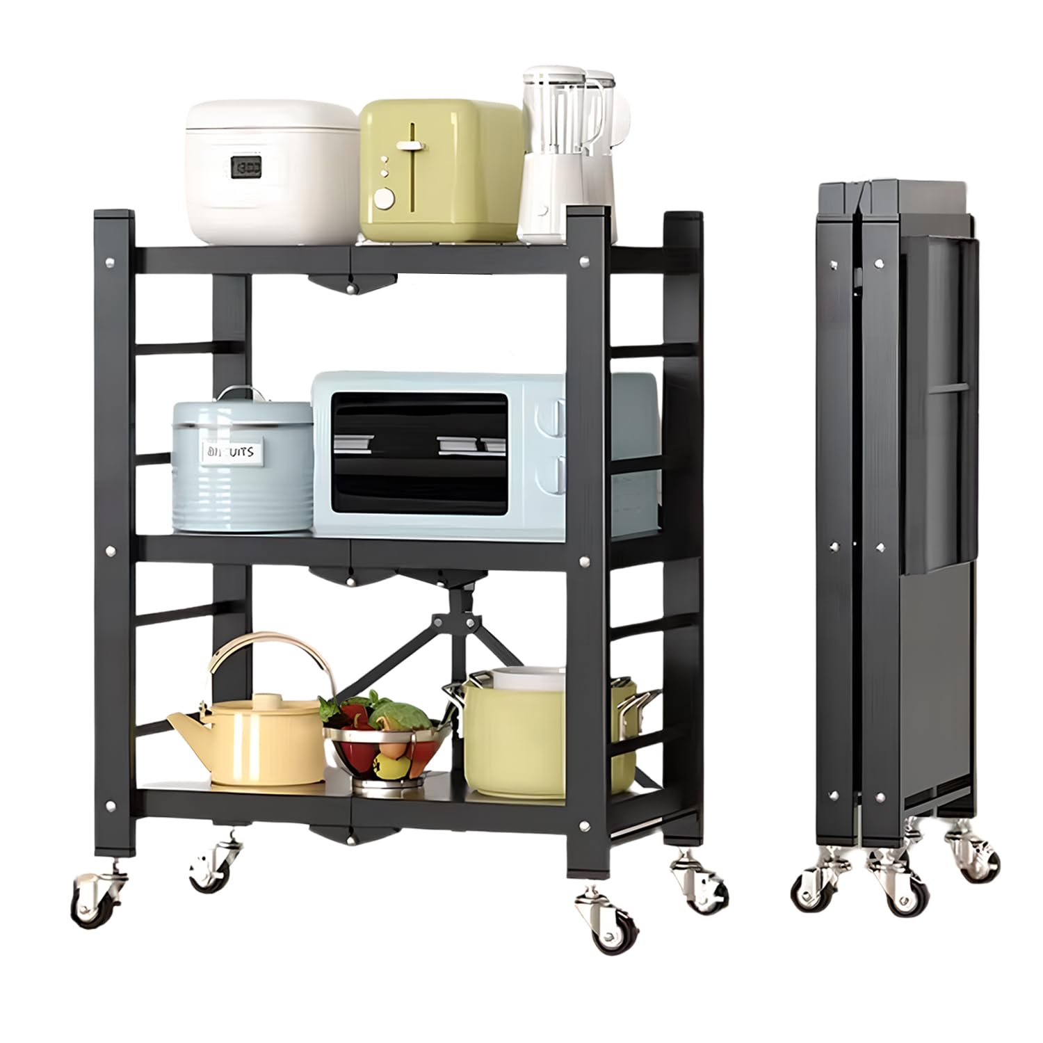 Scaffali in metallo a 3 ripiani, design pieghevole mobile per cucina, garage, lavanderia, bagno, soluzione salvaspazio