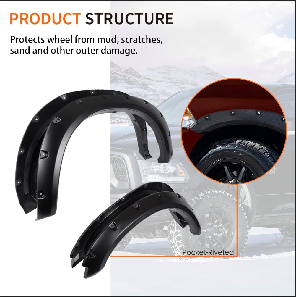 PIT66 Fender Flares 4 PCS Compatible With Dodge Ram 1500 2009-2018 Fit Dodge Ram 1500 Classic 2019-2022 (Excludes R/T & Rebel) Smooth Matte Pocket Riveted Style Wheel Flares Set Black