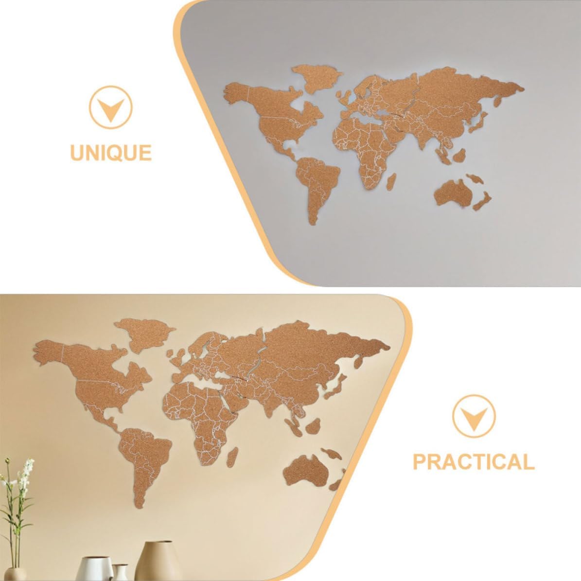 Beavorty Self-Adhesive Cork Board World Map with Pins Wooden Corkboard Map that Can be Freely Spliced Unique Decorative Bulletin Board for Travel and Random Color
