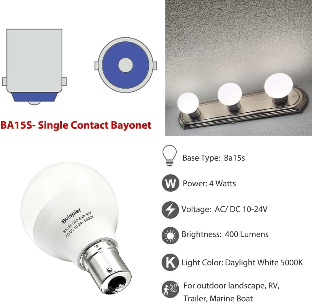1383 1139 12v BA15s 1141 1156 RV Led Light Bulb 4W Daylight 5000K,6 Pack