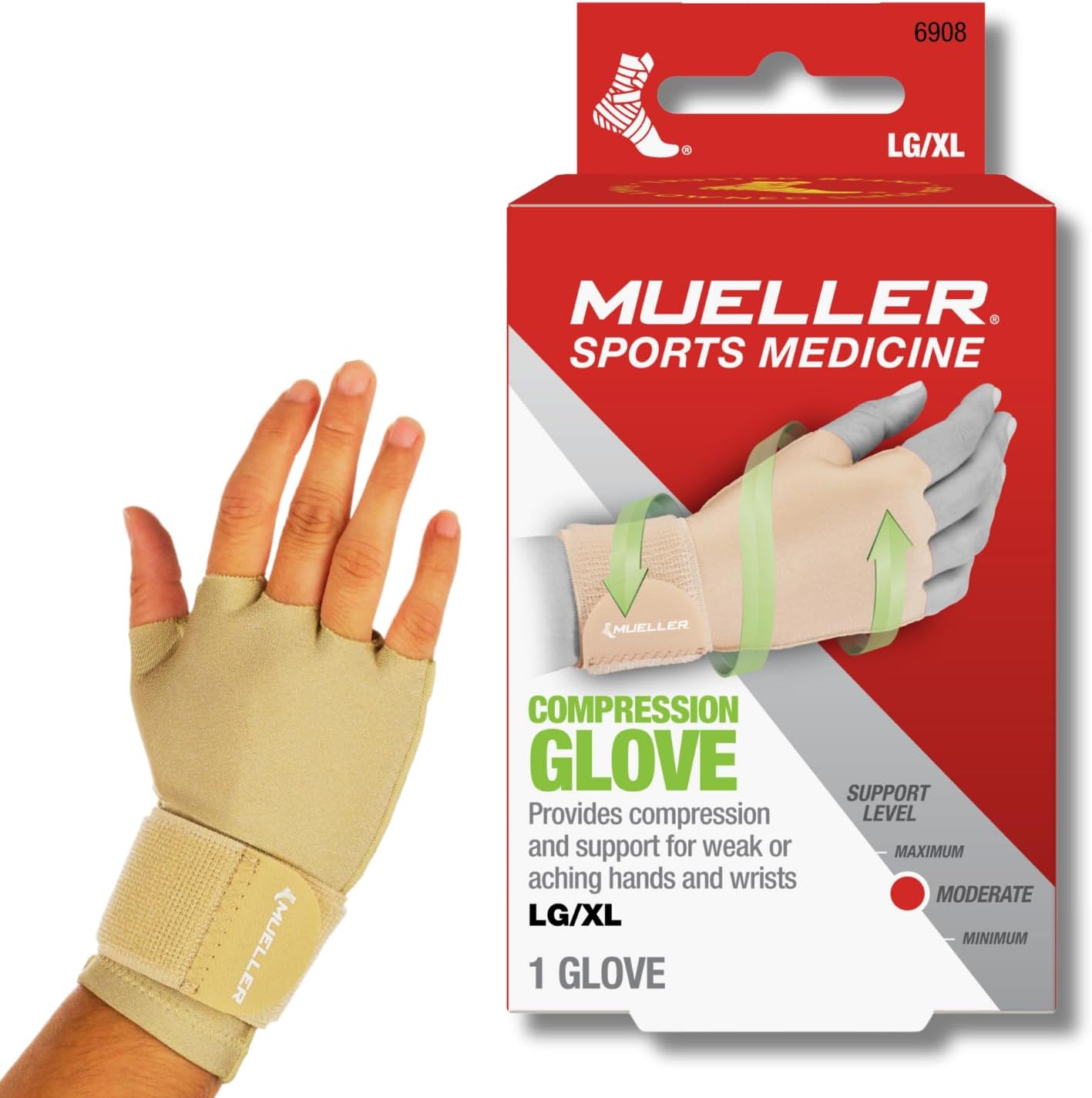 Product image of MUELLER Sports Medicine Compression Glove for Men and Women, Hand & Wrist Pain Relief Support, Ideal for Carpal Tunnel, Arthritis, Fits Right or Left, Beige
