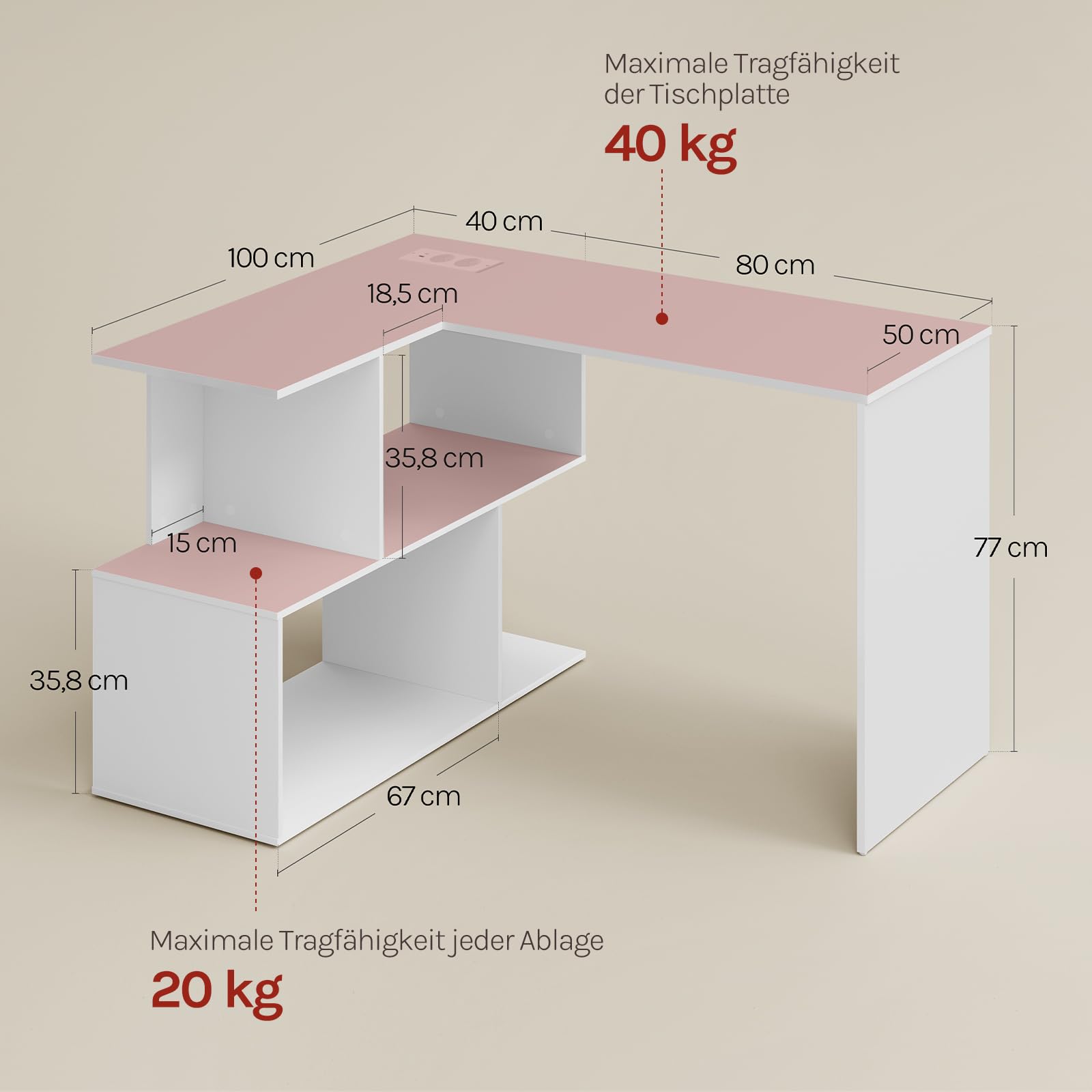 WOLTU Eckschreibtisch mit Regal, Schreibtisch L Form aus Holz, mit 2 Steckdosen, 120x100x75 cm, für Büro Schlafzimmer Arbeitszimmer, Weiß