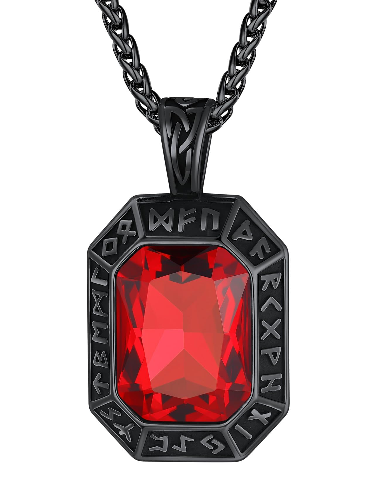 ChainsHouse Viking Rune Pendant Necklace for Men Women, Punk Biker Black Metal/316L Stainless Steel Onyx Norse Vintage Amulet Necklaces with Black/Red