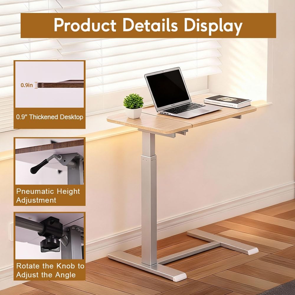 Pneumatic Overbed Table with Wheels, Height Adjustable Bedside Table with Ultra-Low Base for Hospital & Home, Rolling Laptop Cart with Beige Finish