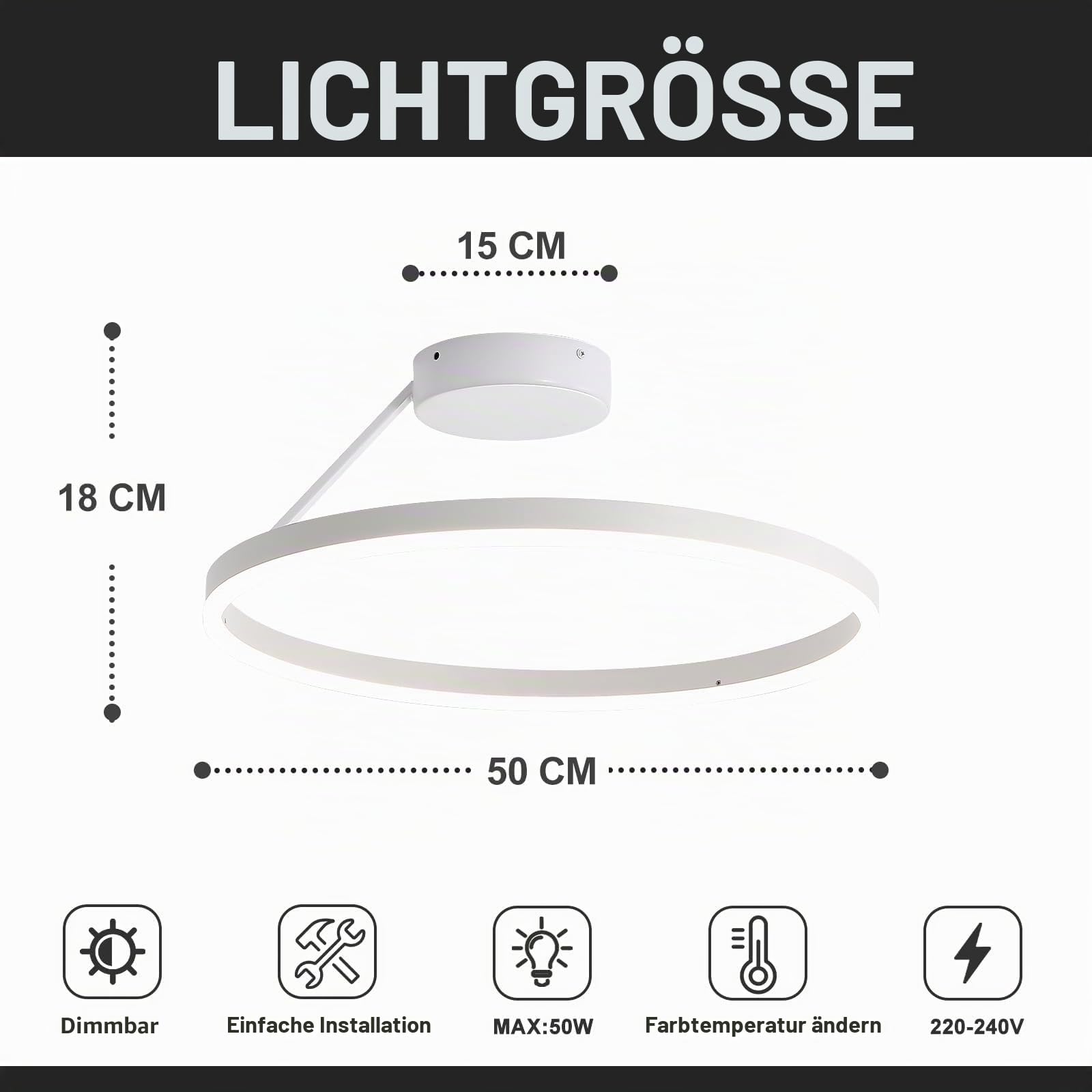 Ring Deckenlampe, Runde LED Deckenleuchte, Moderne Einfache Deckenlampen, Weiß Dimmbare deckenleuchten, Geeignet für Wohnzimmer, Esszimmer, Schlafzimmer, Küche, Korridor, Flur 50cm