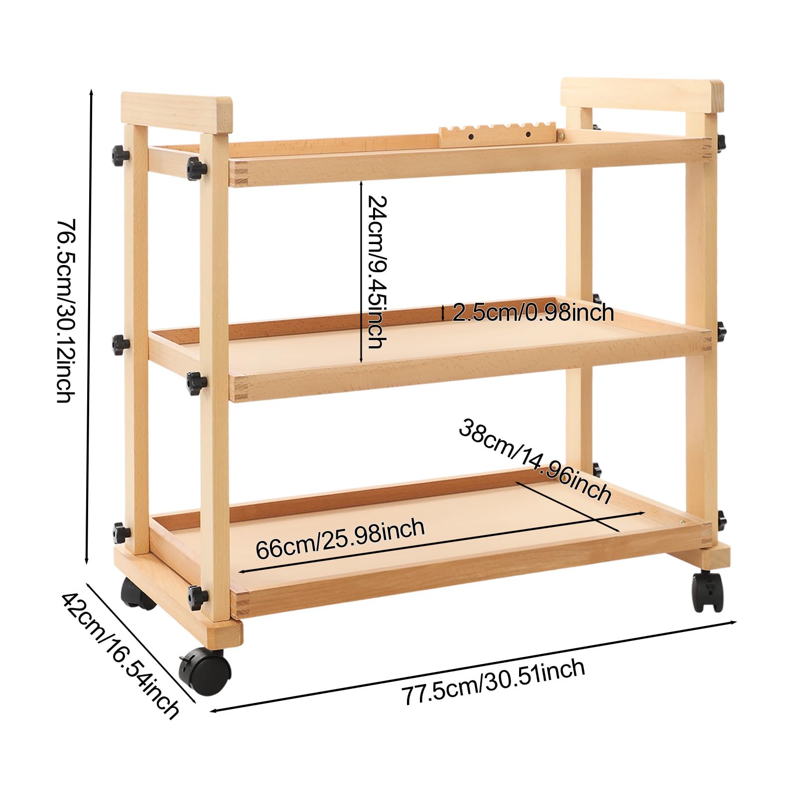 Carro artificial de madera de 3 niveles, 77,5 x 42 x 76,5 cm, carrito de pintura con ruedas, capacidad de carga total de 15 kg, carrito de pintura, carrito de almacenamiento multifuncional