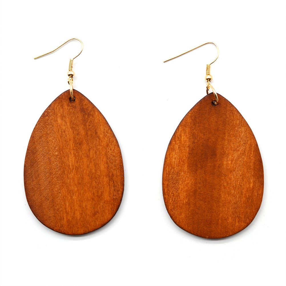 MUSEYA Stylish Personality Customized Teardrop Earrings Natural Wooden Ornaments for Women (Brown)