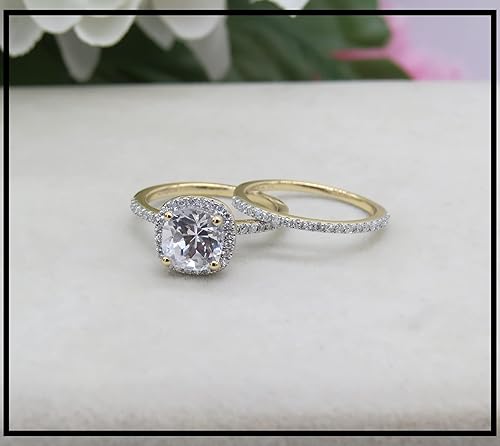 Miniatura 3 de Dazzlingrock Collection Cushion Lab - Juego de anillos de compromiso con halo de novia de zafiro blanco y diamante blanco natural redondo, oro de 10