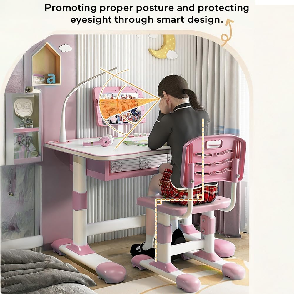 StarAndDaisy Kids Functional Desk and Chair Set, Height Adjustable Children School Study Table with, Bookholder Slot, LED Lamp, Storage for Boys Girls 4-12 Years. (K80-Pink+) - Image 3 thumbnail