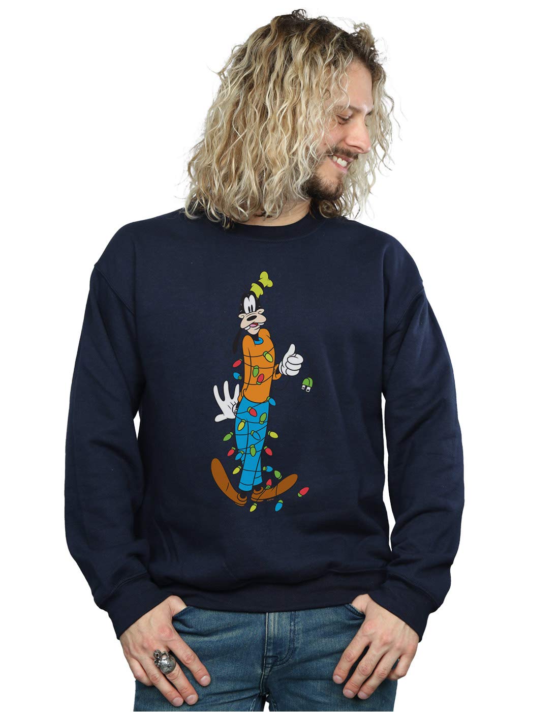 Absolute Cult Men's Navy Blue Disney Goofy Christmas Lights Sweatshirt Medium