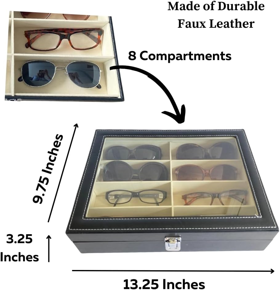Evelots Eye Glass Case - Sunglasses Organizer Box - 8 or 12 Slot - No Scratch Lining Tray - Vegan Leather - Clear Acrylic Lid image 3