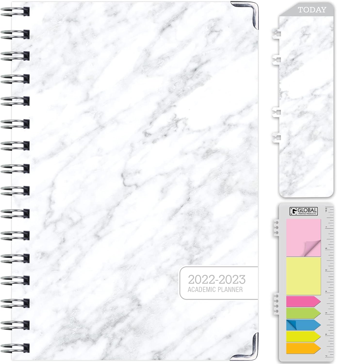 Global Printed Products 2022-2023 School Agenda for College Students and Teachers - 5.5x8.5 in Daily, Weekly, and Monthly Planners Includes Bookmark, Sticky Notes and Pocket Folder - Grey Marble