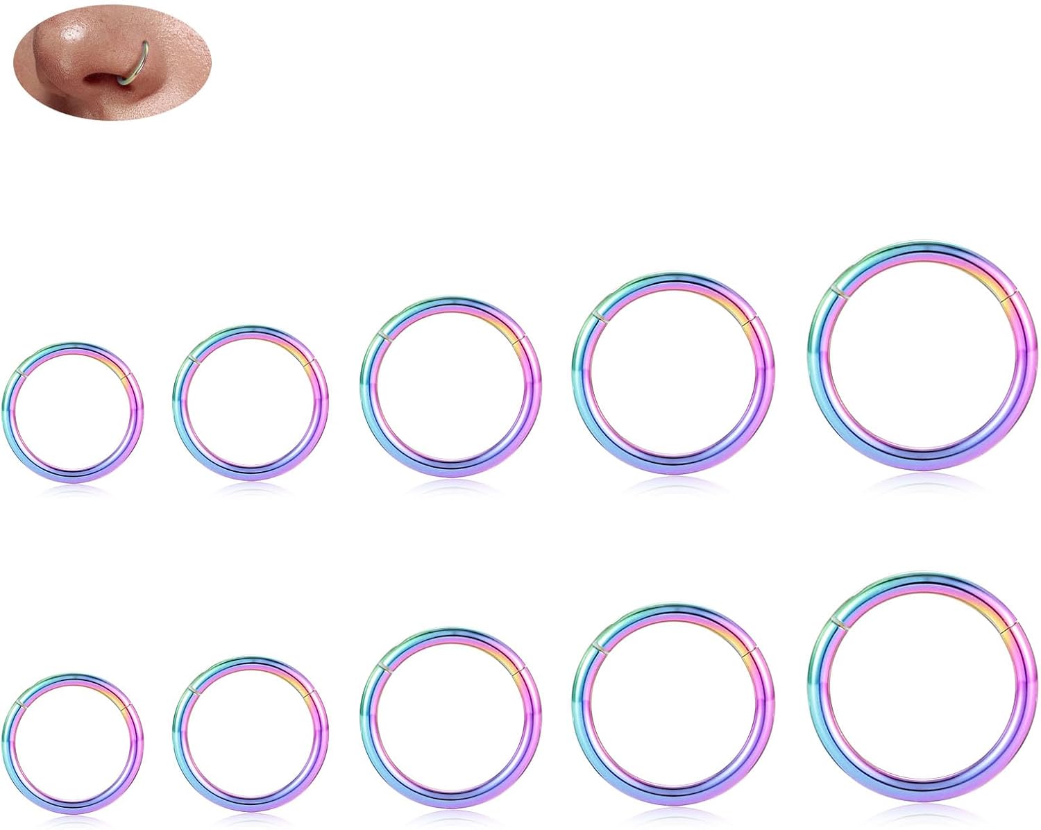 18G Nose Hoop Rings Surgical Steel Hinged Segment Clicker Rings 16G Septum Lip Rings 10 PCS Conch Daith Rook Cartilage Tragus Helix Sleeper Lobe Hoop Earrings Piercing Jewelry for Women 6mm to 16mm