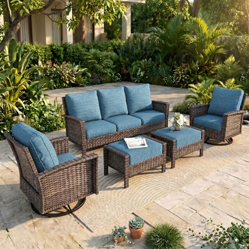 Image of HERA'S HOUSE Patio Furniture Set, 5 Pieces Outdoor Seating Set, 35 inch High Back Swivel Chairs with 5.5 inch Thick Cushions, Brown Wicker Conversation Set with Ottomans for Deck Lawn Yard, Peacock Blue