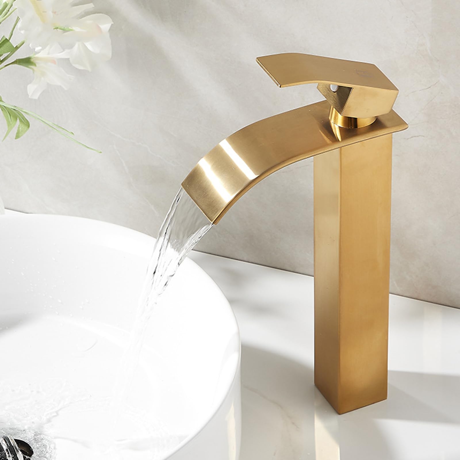 HCFYAUIS Tall Basin Mixer Tap Waterfall Single Hole Heating & Cooling Countertop Washbasin Mixer Tap G1/2 Single Lever,Brushed Gold