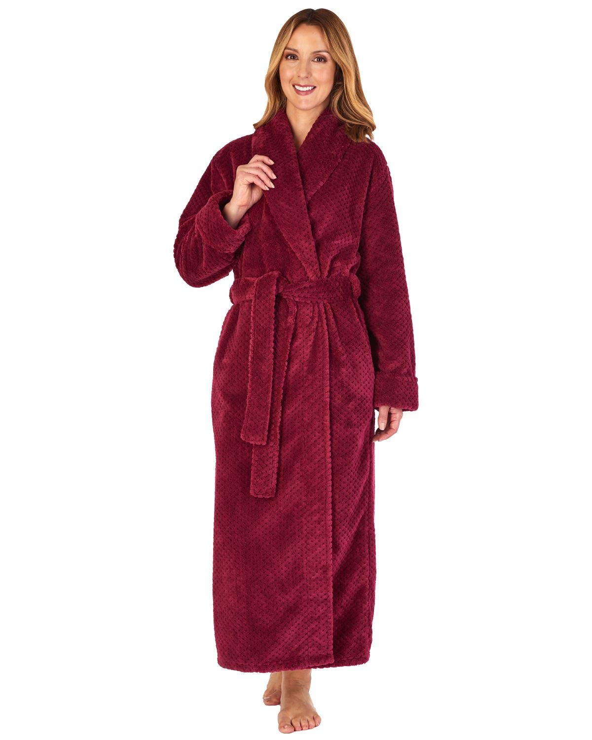 Slenderella Ladies Shawl Collar Wrap Dressing Gown Waffle Fleece Long Bath Robe Medium (Raspberry)