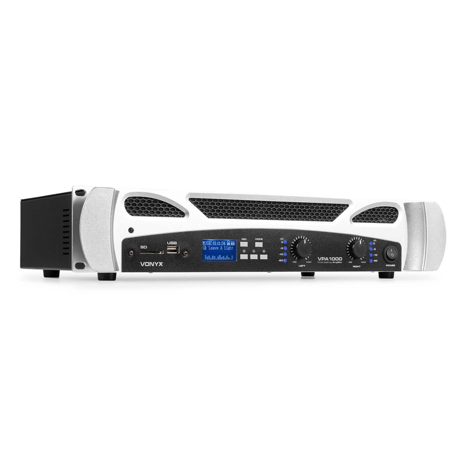 VONYX VPA1000 - Amplificateur Digital 2X 500W, Technologie sans Fil Bluetooth Intégrée, Record MP3, USB/SD, Entrées RCA, Prise Jack 6,35mm, Écran LED en Façade, Télécommande Incluse