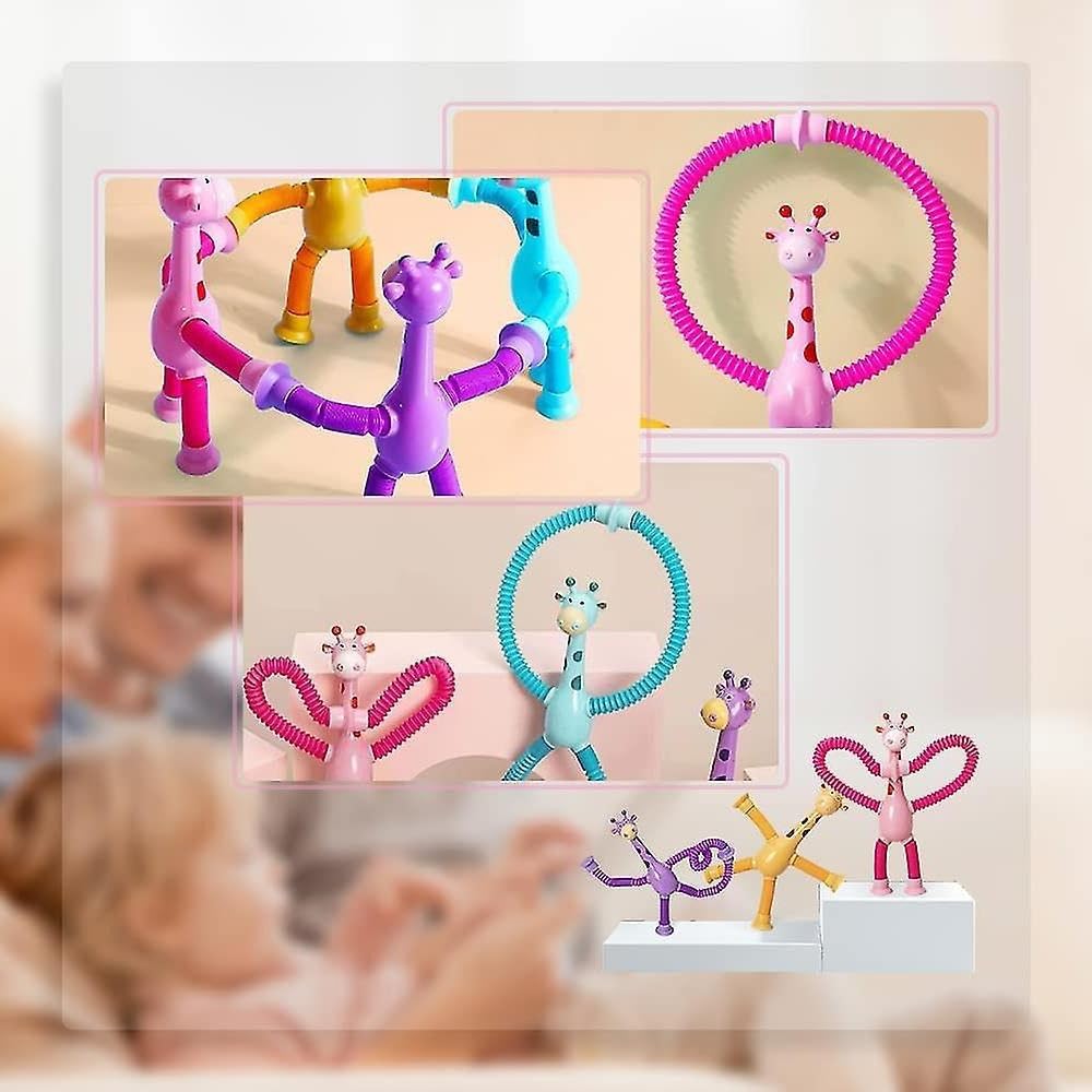 Quasar 4 in 1 Combo Pack It's New Bendable Telescopic Giraffe Shape Changing Tubes Sensory Toys Pop Creative Suction Cup Imagination Creativity Strees Relif Toy for Children Toddler - Multicolor