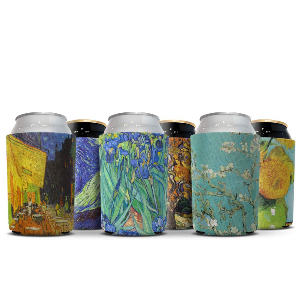 WIRESTERCan Cooler Sleeves for Soda Beer Can Drinks, 6 Pack - Almond Blossom + Cafe Terrace At Night + Irises + The Starry Night Moon + Mulberry + Sunflowers Blue By Van Gogh