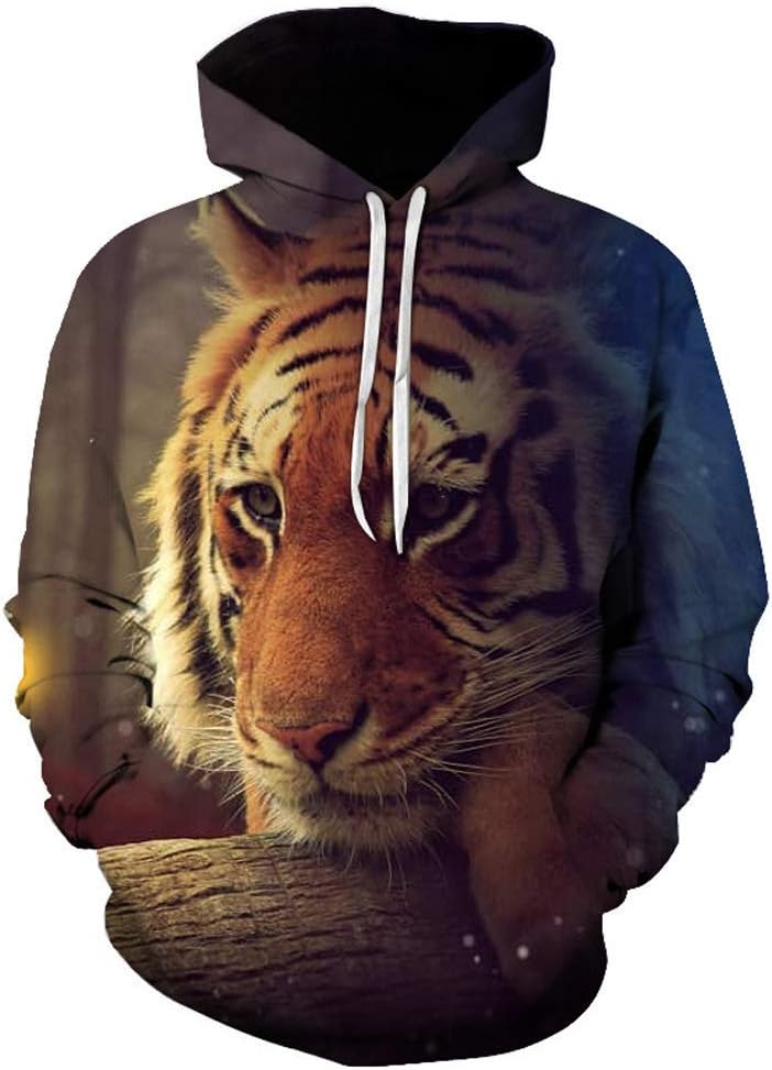Unisex Novelty 3D Hoodie Lion & Galaxy Digital Patterned Pullover for Men And Women Long Sleeve Hooded Sweatshirt with Pocket