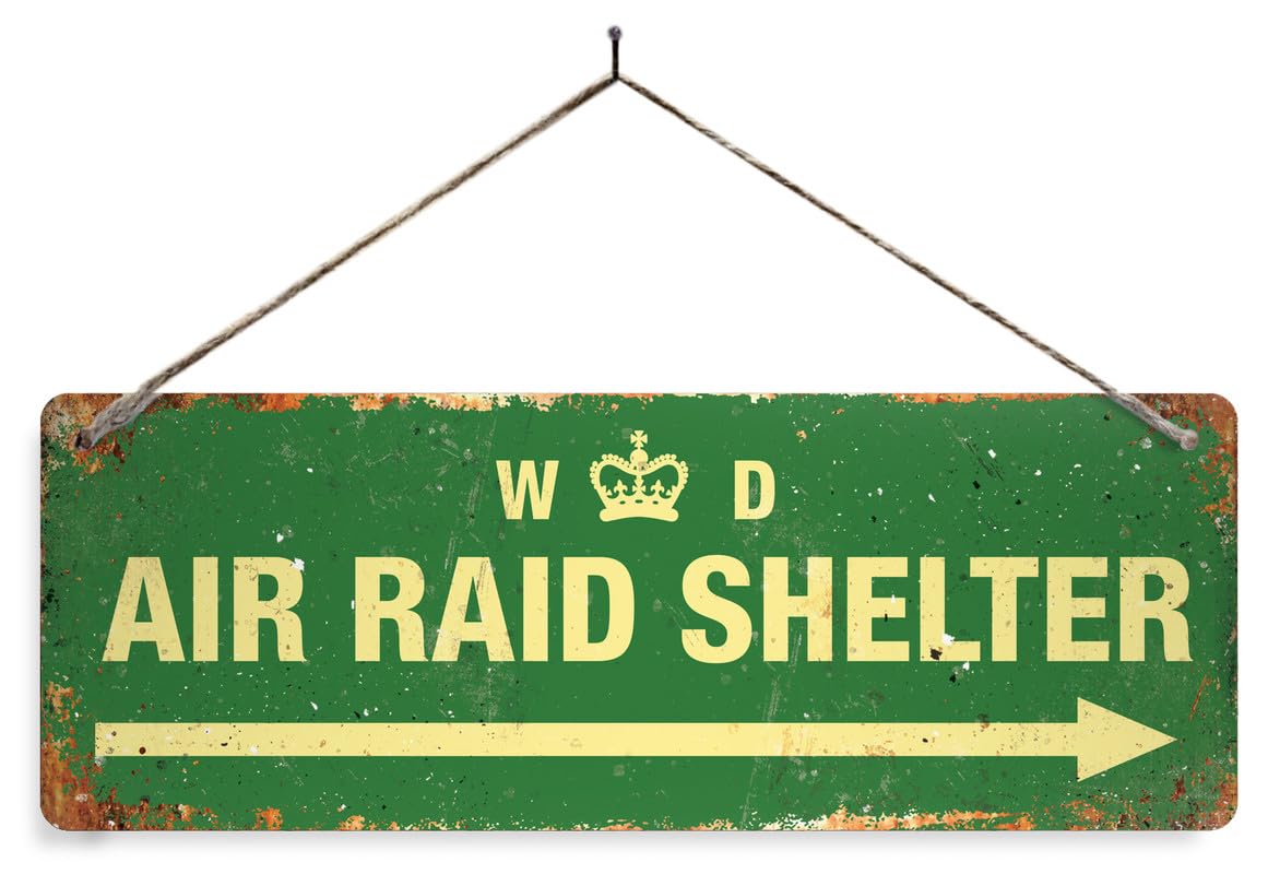 WW2 Air Raid Shelter Arrow - Green. XL metal sign with 4 corner holes. WD crown office door War Vintage rusty