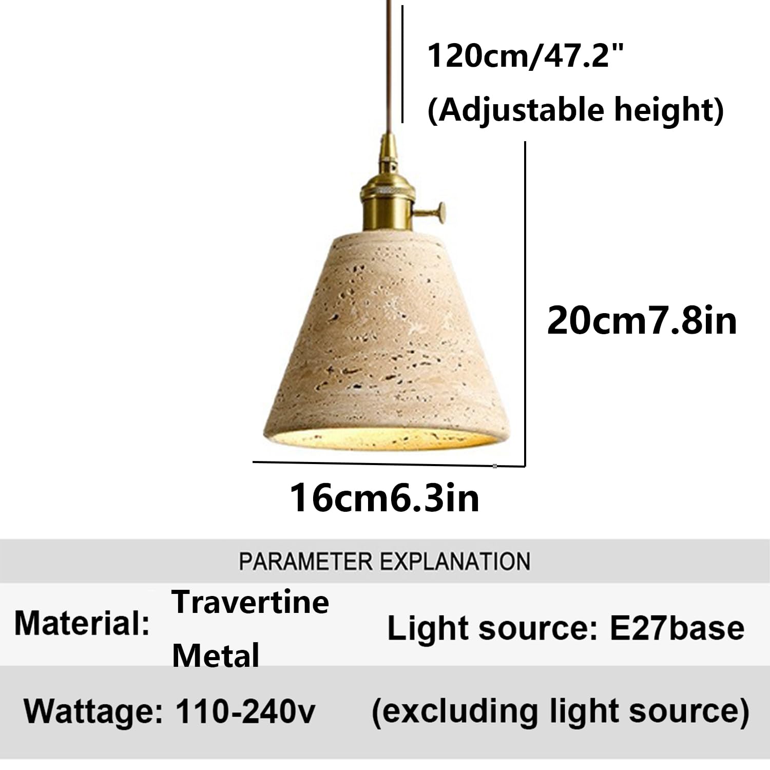 Lampada A Sospensione In Travertino Naturale, 7,8 Pollici.