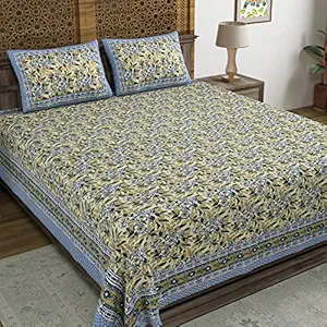 BLOCKS OF INDIA Hand Block Printed 200 TC Cotton King Size Bedsheet (Grey Flower, Pack of 1)