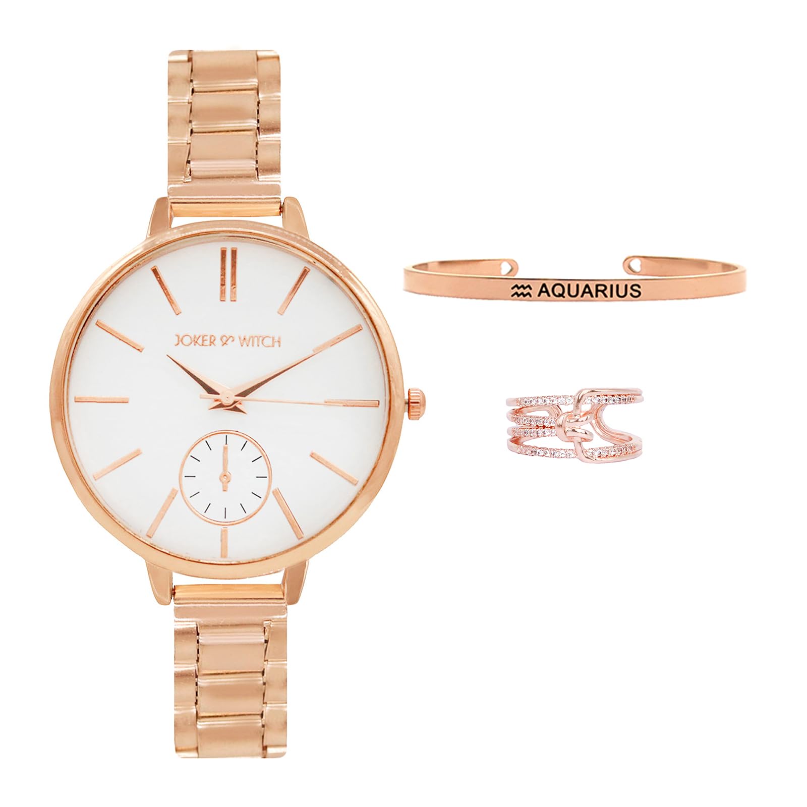 Joker & Witch Stainless Steel Women Starry Eyes Aquarius Love Triangle Analogue Watch, White Dial, Rose Gold Band (B0C861Q4L1) Amazon Price History, Amazon Price Tracker