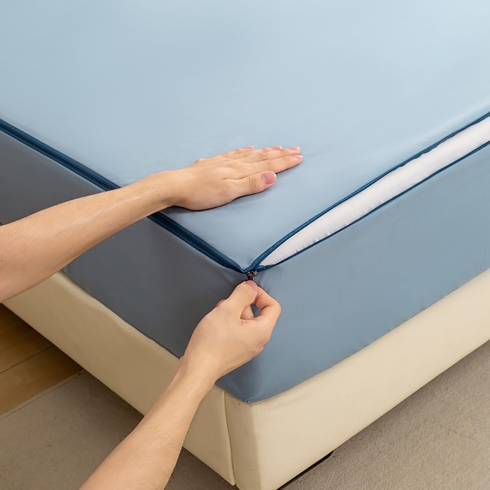Coprimaterasso Matrimoniale/Singolo con Cerniera – Fodera Copri Materasso 6 Lati Traspirante, Rivestimento Completo con Cerniera e 2 Federe, Lavabile(Blu,90x190x15cm)