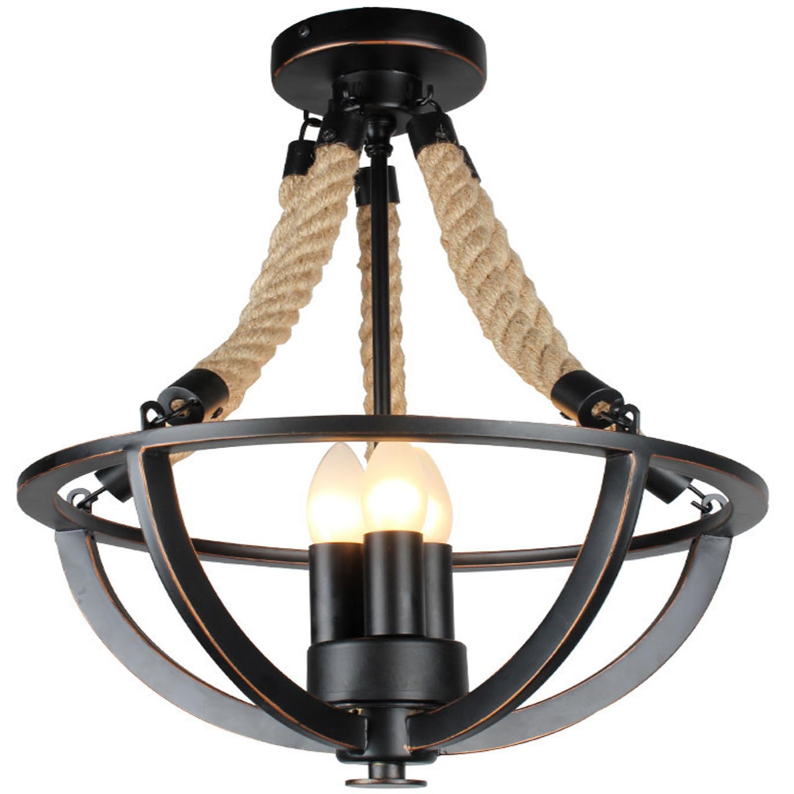 LYMSXAZOU 3-Light Chandelier, Vintage Cage Ceiling Light Fixture with Manila Rope, Rustic Farmhouse Hanging Fixture, Industrial Metal Semi Flush Mount for Kitchen, Entryway