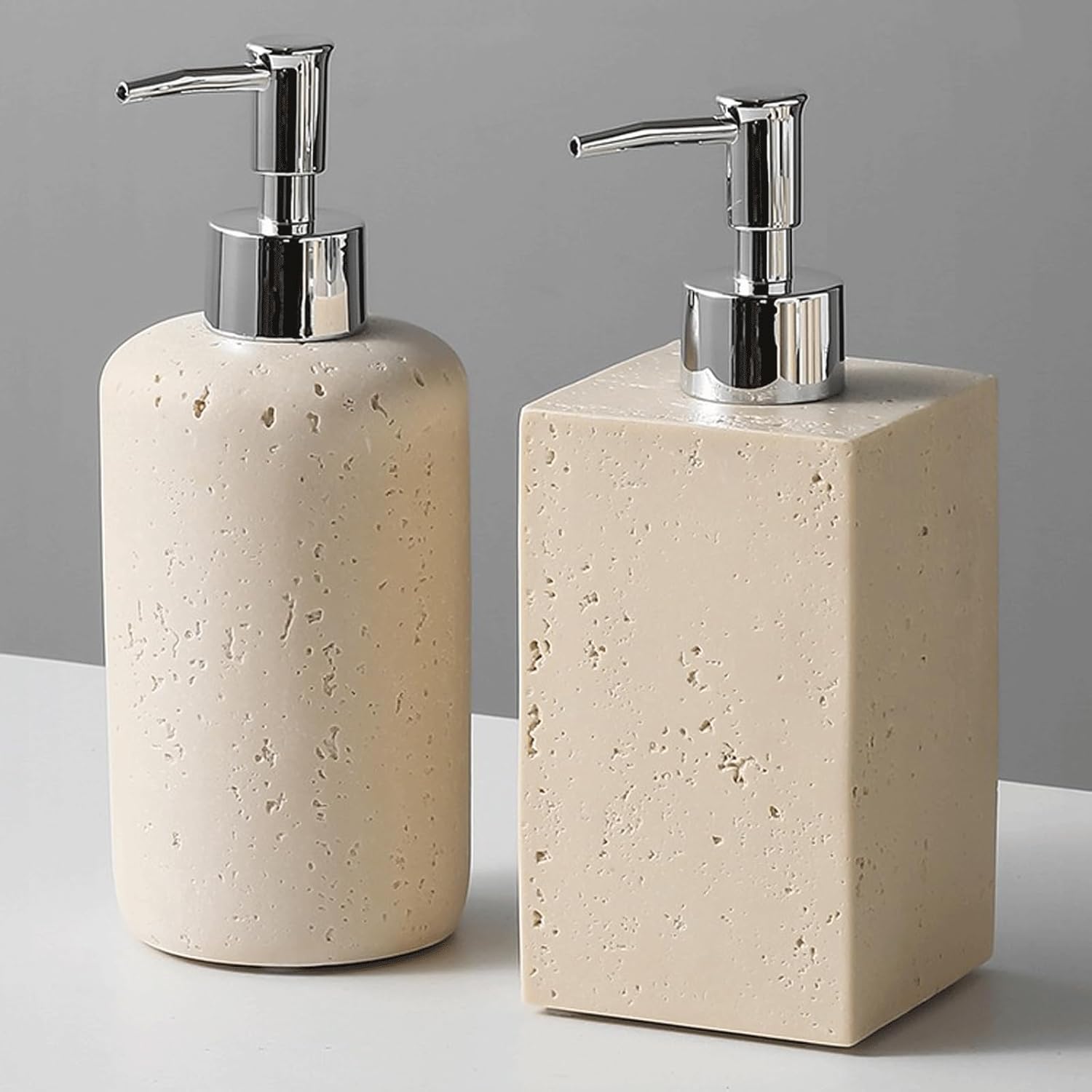 Soap Dispensing Beige Lotion Hand Soap Dispenser Set, 9.8 oz/14.8 oz Resin Soap Dispenser, Refillable Soap Bottle with Silver Pump, Liquid Shampoo Dispenser for Bathroom Decor New Home Essentials