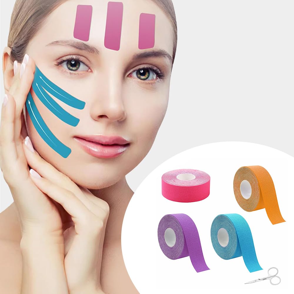 4 Piezas Cinta Kinesiologica Facial Cinta de Estiramiento Facial Parches Antiarrugas para Reafirmar Piel y Restaurar Elasticidad 2.5cm x 5m