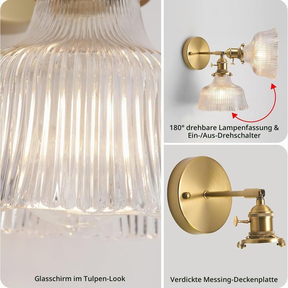 2 Stück Akku Wandlampe Vintage mit Fernbedienung Dimmbar Wandleuchte Drehbar Schwenkarm Wandleuchten Messing Kristall Glas Lampenschirm Nachttischlampe USB Aufladbar Kabellos Lampe,Clear