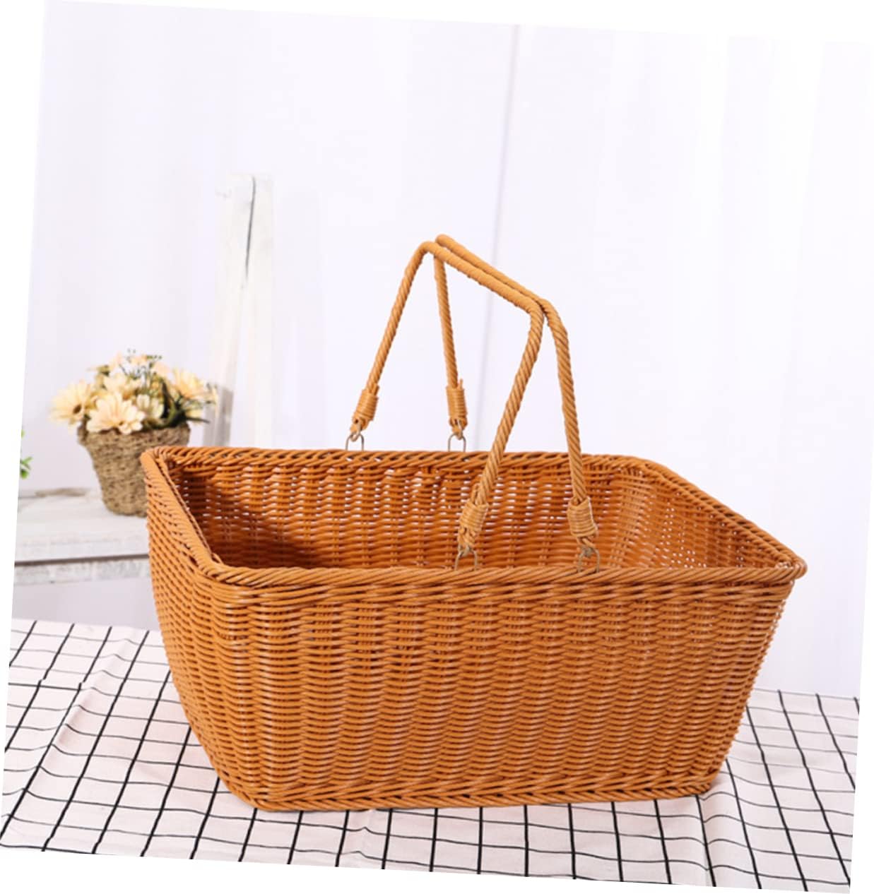 Amosfun 1pc Simulated Rattan Woven Basket Practical Decorative Snack Storage Basket for Home Picnic and Parties Light Versatile Design for Vegetables and Flowers