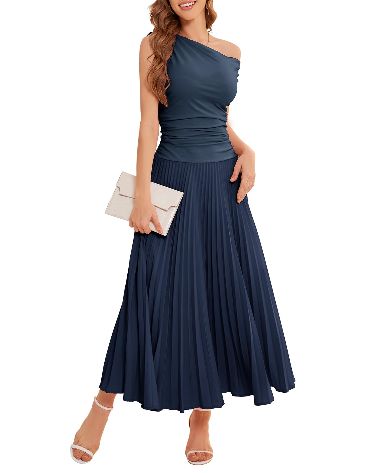 Bbonlinedress Vestido de cóctel largo plisado con un hombro descubierto, formal, para invitada de boda, verano, diario, fiesta