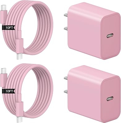 iPhone 17 16 15 Charger Fast Charging 2+2Pack 20W USB C Wall Charger with Extra Long 10FT Fast Charging Cable Compatible with iPhone 17/17 Air/17 Pro/17 Pro Max/iPhone 16/15 Series, iPad Pro -Pink
