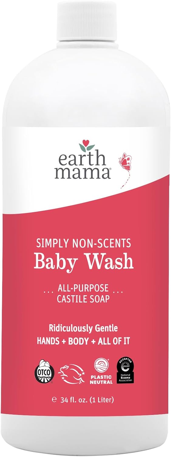 Earth Mama Simply Non-Scents Baby Wash Foaming Hand Soap, Organic All-Purpose Fragrance Free Body Wash for Sensitive Skin, Castile Soap with Coconut Oil, Shea Butter, Calendula, & Aloe, 34floz