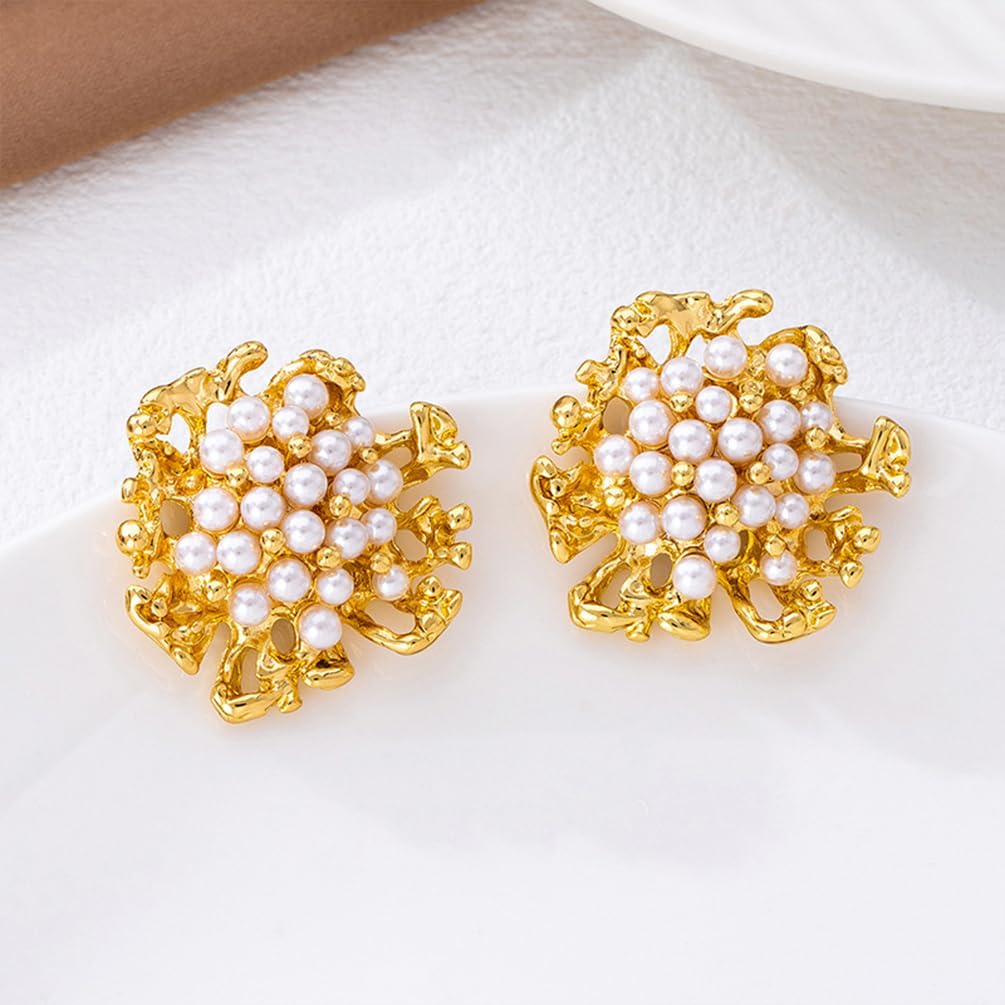 Vintage Beads Pearl Cluster Gold Stud Earrings for Women Unique Exquisite Statement Beaded White Pearls Ball Drop Earring Y2K Prom Party Jewelry Gift - Image 5