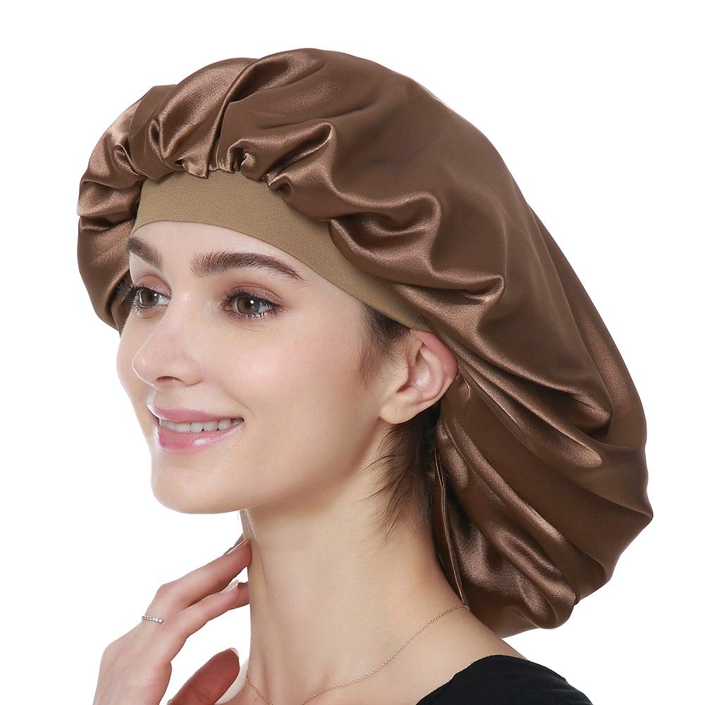Alnorm Satin Sleep Caps for Women Curly Hair Night Hat Coffee - Image 4