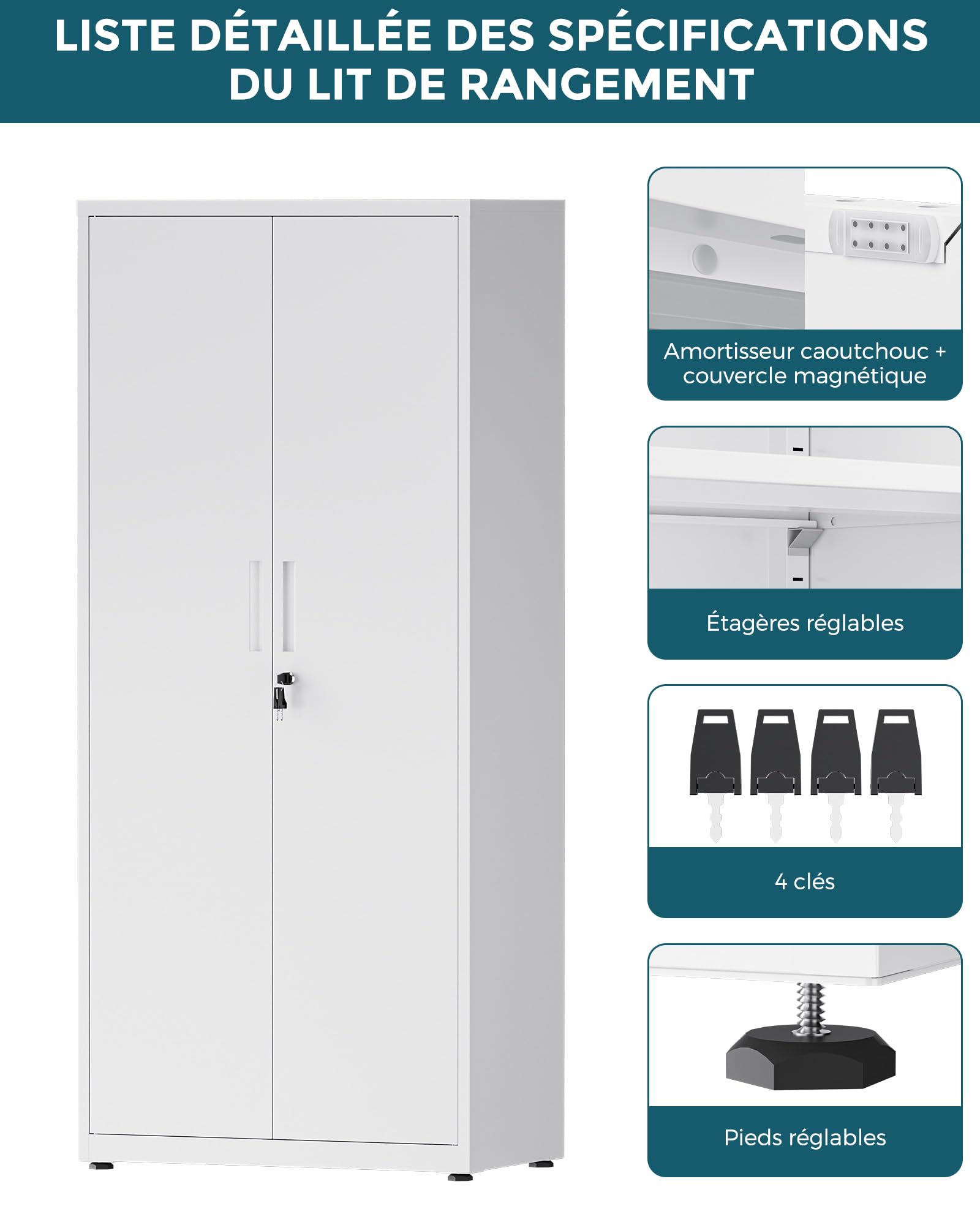 Armoire Métallique 181.5×80×40 cm, Meuble de Rangement de Bureau, 4 Étagères Réglables, avec Serrure, 4 Clés, Adapté aux Bureaux, Garages et Chambres, Blanc