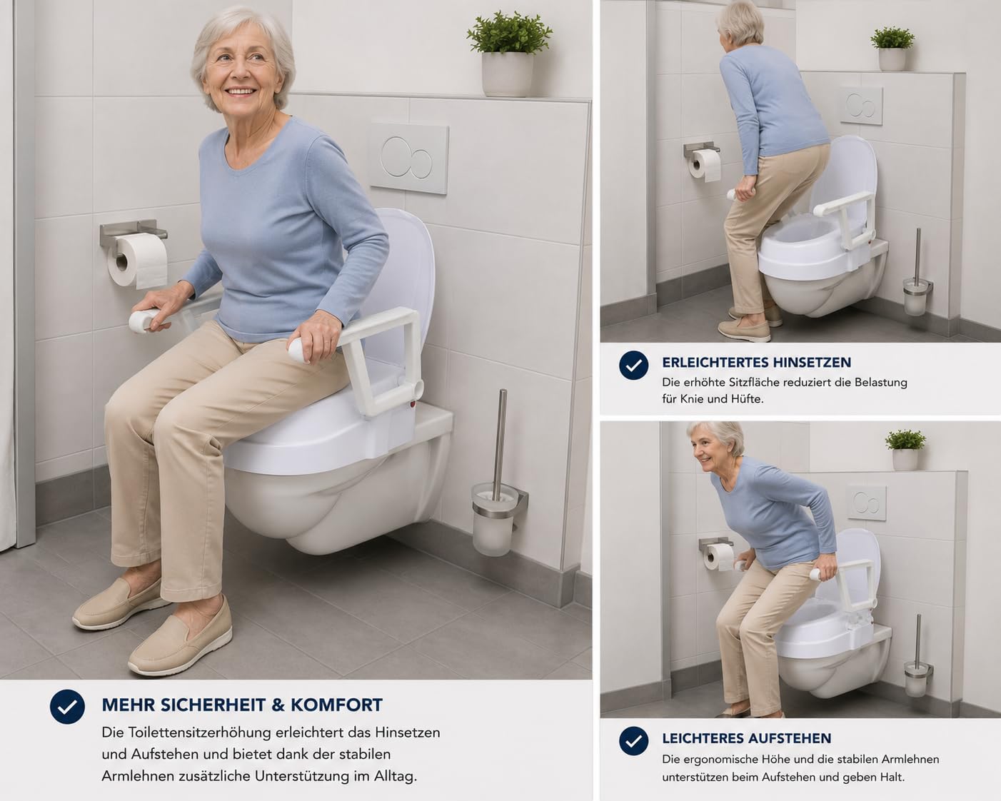 EasyFix Rialzo per WC con braccioli e coperchio, rialzo per WC regolabile in altezza, per anziani e infermieri, braccioli pieghevoli, portata fino a 136 kg, bianco