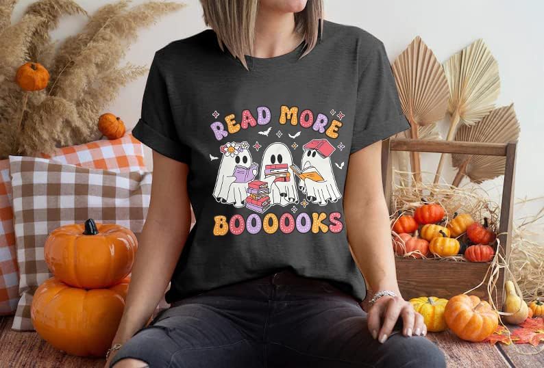 Halloween Teacher Shirts for Women Groovy Read More Books Ghost T-Shirt Short Sleeve Halloween Party Tee Tops - Image 5