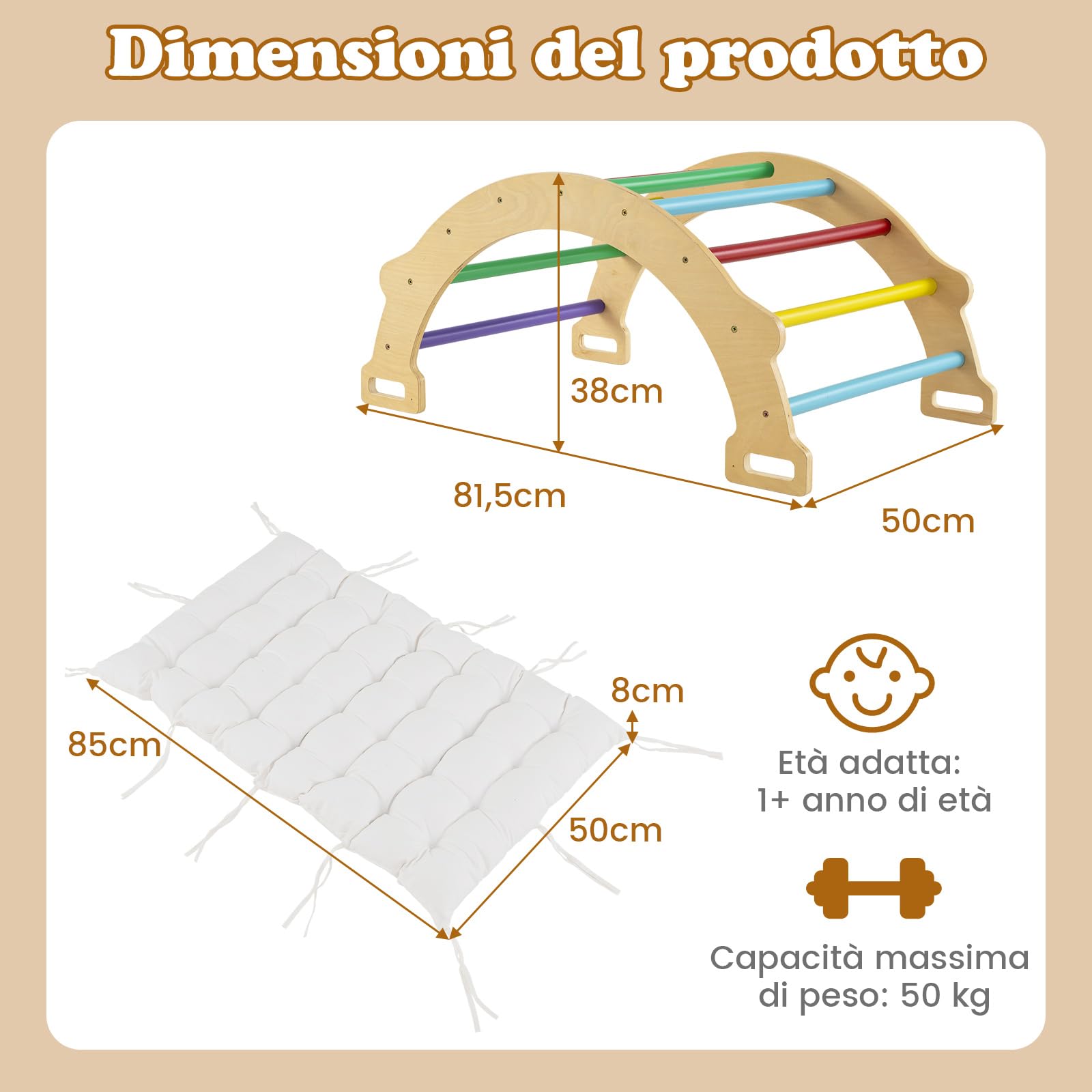 GYMAX Arco da Arrampicata per Bambini, Arco a Dondolo in Legno con Cuscino Accogliente, Struttura per Arrampicata e Dondolo in Legno per Bambini 1+ Anni (Colorato, 81,5 x 50 x 38 cm)