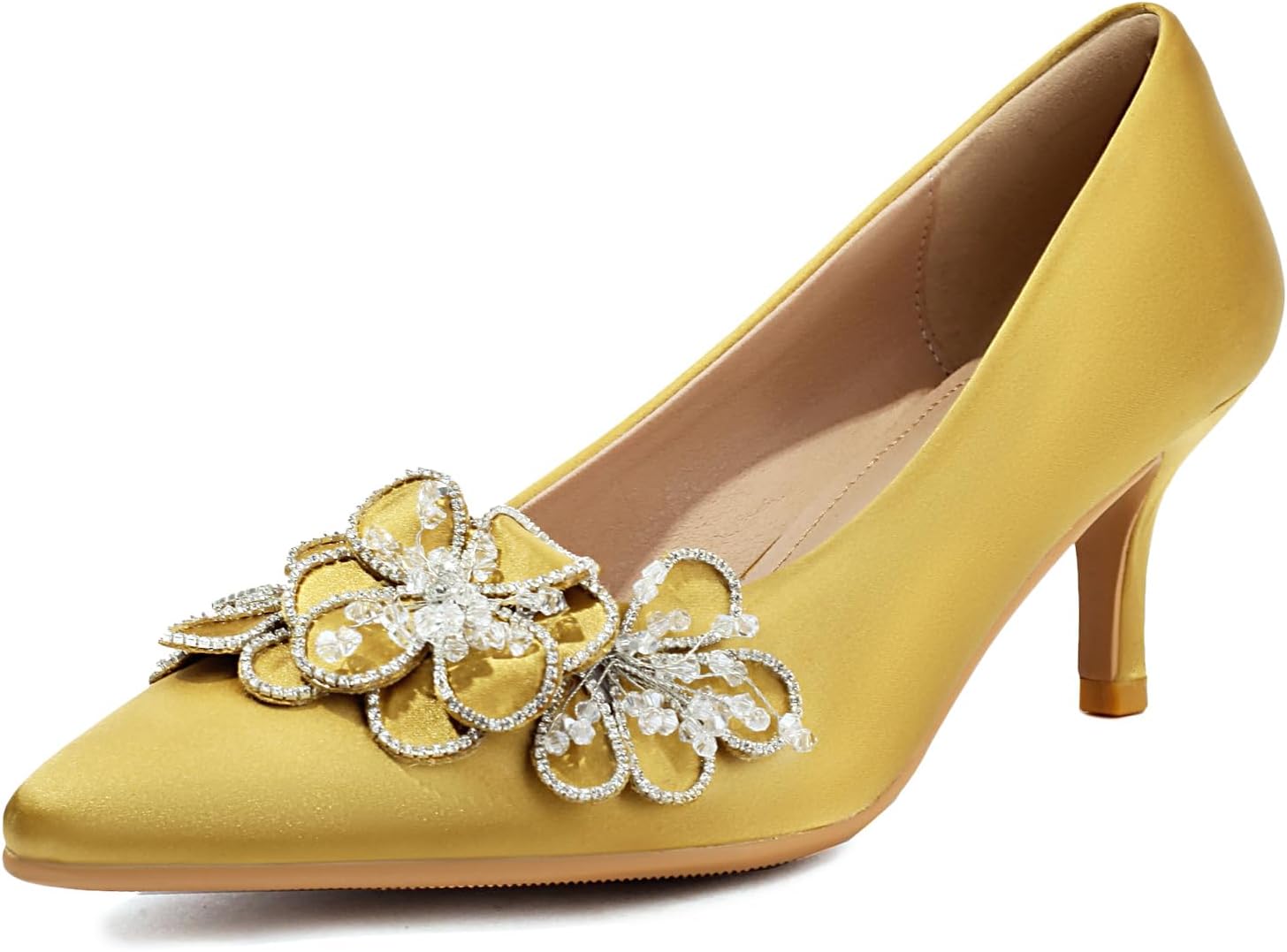 LatasaWomen's Kitten Heels 2" Handmade Rhinestone Flower Satin Dress Pumps Wedding Party Prom Shoes