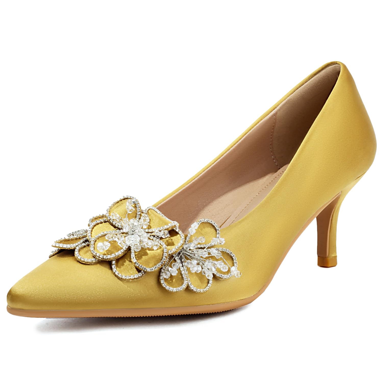 LatasaWomen's Kitten Heels 2" Handmade Rhinestone Flower Satin Dress Pumps Wedding Party Prom Shoes