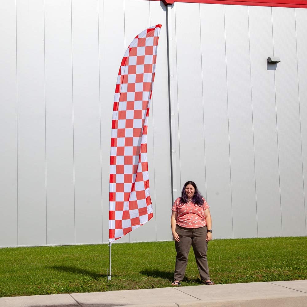 Vispronet Red/White Checkered Feather Flag Kit - 13.5ft Knitted Polyester Swooper Flag with Pole Set and Ground Spike - Printed in The USA…